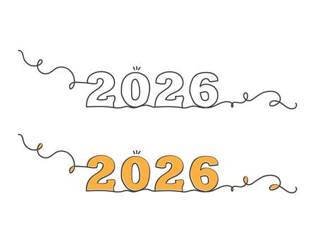 Outline text 2026 handwritten set continuous one line art. vector