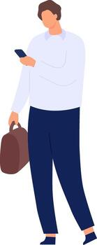 hombre participación teléfono y maletín utilizando moderno tecnología vector