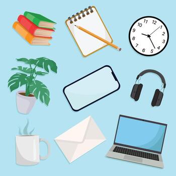 Study items including books and laptop vector