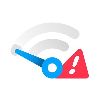 illustration of WiFi symbol with speedometer pointing to low level. slow internet connection, weak signal, poor network performance. concepts of low bandwidth, buffering, issues, slow speed warning vector