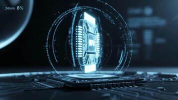futurista neural em processamento unidade npu lasca brilhando com digital circuitos. video
