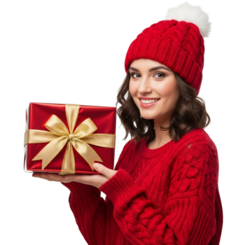 Smiling woman in red winter hat and sweater holding a shiny red gift box with a gold ribbon isolated on transparent background png