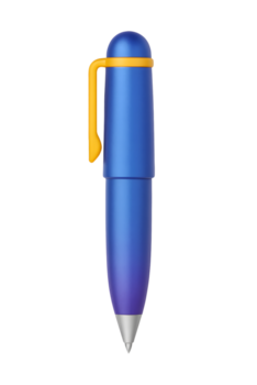 3d esferográfica caneta, azul e amarelo papelaria ferramenta com metálico dica, isolado em transparente fundo png