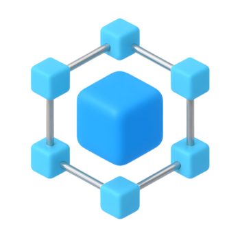 3d blockchain ícone, azul cubo rede com conectado pequeno cubos e hastes, isolado em transparente fundo png