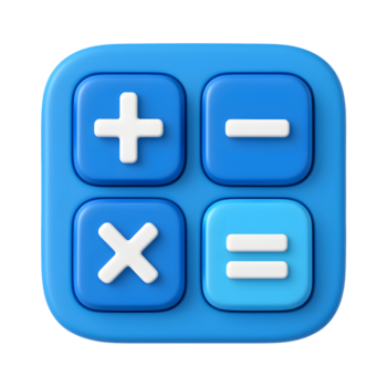3d calculadora ícone, azul quadrado botão com matemática símbolos, isolado em transparente fundo png
