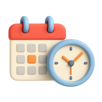 3D calendar icon, schedule with clock and date, isolated on transparent background png