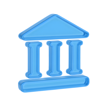 3d bank gebouw icoon, glanzend blauw klassiek structuur met kolommen, geïsoleerd Aan transparant achtergrond png