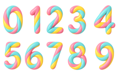 3d bunt verdrehte Nummer Satz, Süßigkeiten Stil Ziffern eins, zwei, drei, vier, fünf, sechs, Sieben, acht, neun und null, isoliert auf transparent Hintergrund png