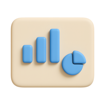 3d dati analitica icona, blu bar grafico e torta grafico su beige quadrato, isolato su trasparente sfondo png