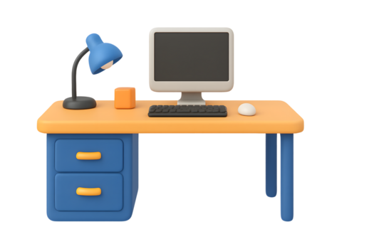 3d bureau, kantoor tafel met computer en lamp, geïsoleerd Aan transparant achtergrond png
