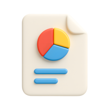 3d documento ícone, torta gráfico com vermelho, amarelo, e azul segmentos, isolado em transparente fundo png