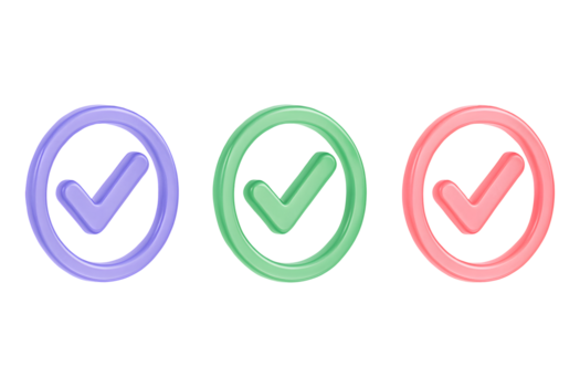 3D check icon, three colorful tick validation symbols, isolated on transparent background png