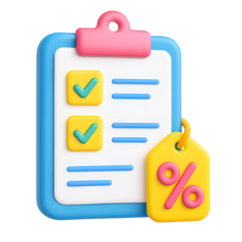 3D clipboard checklist icon, discount tag element, isolated on transparent background png