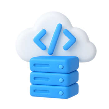 3d nuvem ícone, branco nuvem com azul servidor e codificação símbolo, isolado em transparente fundo png