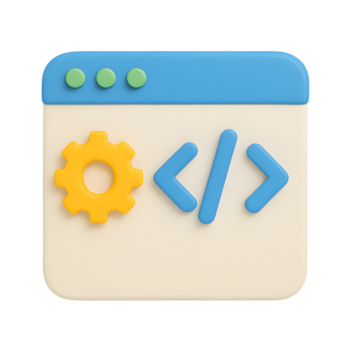 3d codificação janela ícone, rede navegador com engrenagem e código símbolos, isolado em transparente fundo png