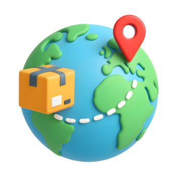 3D global delivery icon, world map with package and location pin, isolated on transparent background png