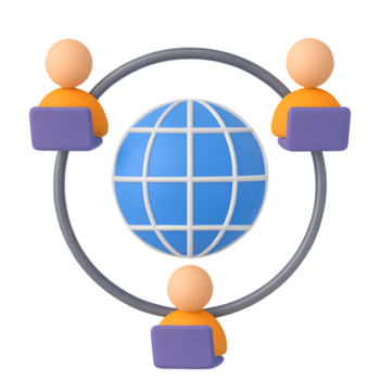 3d globo con blu griglia e tre persone collegato nel un' cerchio Rete, isolato su trasparente sfondo png