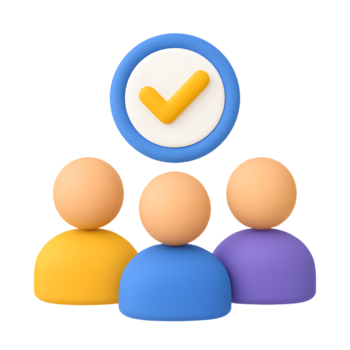 3d grupo do pessoas ícone com marca de verificação símbolo, representando trabalho em equipe, comunidade, colaboração, e verificação, isolado em transparente fundo png