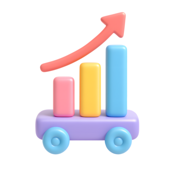 3d crescimento gráfico ícone, colorida Barra gráfico com para cima seta em rodas, isolado em transparente fundo png