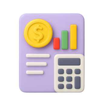 3D finance report icon, document with calculator and chart, isolated on transparent background png