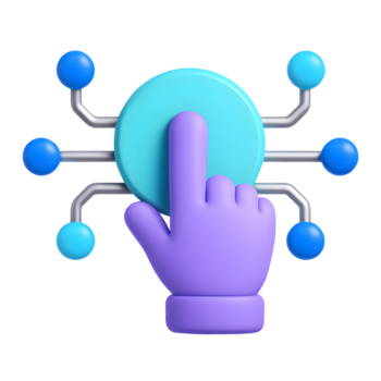 3D hand pointing gesture icon, blue network connection nodes, isolated on transparent background png