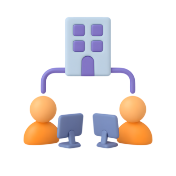 3d kontor nätverk ikon, människor ansluten till byggnad med datorer, isolerat på transparent bakgrund png