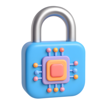 3D security padlock, blue square lock with metallic shackle and colorful circuit design, isolated on transparent background png
