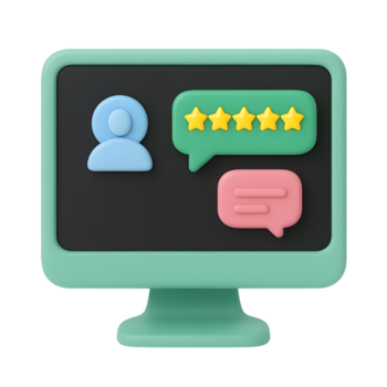 3D review icon, computer screen with user profile and rating stars, isolated on transparent background png