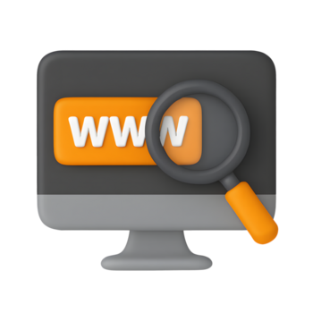 3d chercher icône, ordinateur moniteur avec Orange www texte et grossissant verre, isolé sur transparent Contexte png