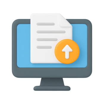 3d subir icono, computadora monitor con blanco documento y naranja flecha arriba, aislado en transparente antecedentes png