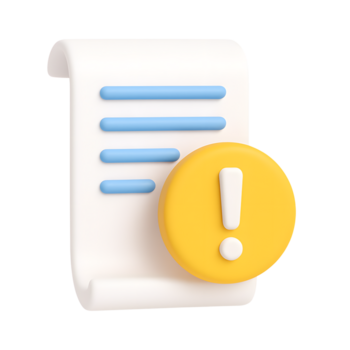 3d wit rol document met blauw tekst lijnen en geel uitroep Mark waarschuwing symbool geïsoleerd Aan transparant achtergrond png