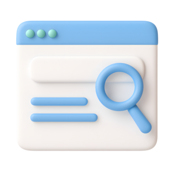 3d webb Sök ikon, modern browser fönster med förstorande glas, isolerat på transparent bakgrund png