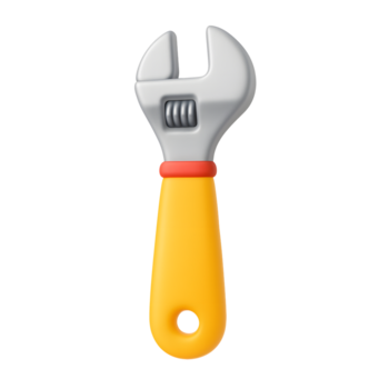 3D wrench icon, adjustable spanner tool with yellow handle, isolated on transparent background png