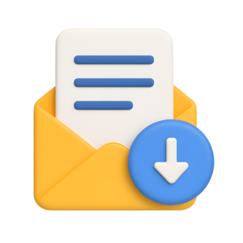 3D yellow envelope icon with document and blue download arrow symbol representing message and file transfer, isolated on transparent background png