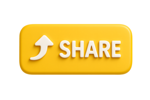 3d yellow glossy button with share text and up arrow icon isolated on transparent background png
