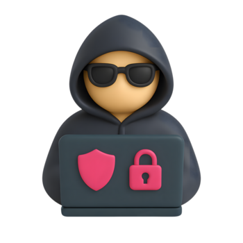 3d met een kap persoon icoon met laptop tonen slot en schild symbolen, tekenfilm stijl cyberveiligheid en hacken concept, geïsoleerd Aan transparant achtergrond png