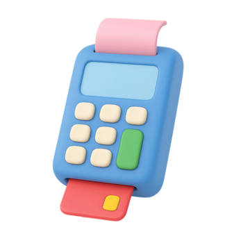 3d pagamento terminale icona, blu carta macchina con tastiera, rosa carta rotolo e rosso carta, isolato su trasparente sfondo png