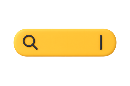 3d giallo ricerca bar icona con nero ingrandimento bicchiere simbolo e digitando cursore, cartone animato stile interfaccia elemento, isolato su trasparente sfondo png