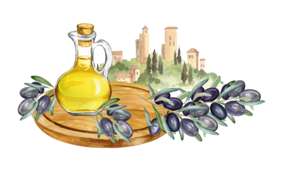 aguarela Comida composição com amarelo Oliva óleo dentro uma vidro garrafa, Escovar do azeitonas em de madeira corte borda contra rural italiano paisagem, Comida ilustração, mão desenhado esboço para viagem Projeto png
