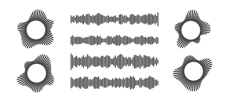 Podcast sound wave circular icons with music soundwave patterns for audio and broadcasting interfaces. vector
