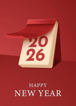 Red desk calendar flipping to 2026 with text Happy New Year representing fresh start and excitement ahead. Happy New Year 2026 vector