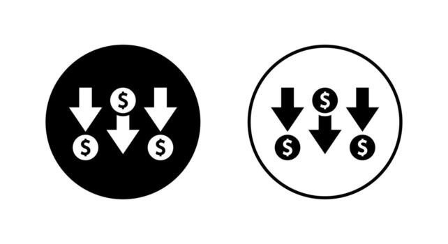 dólar abajo icono en negro círculo. dinero disminución símbolo. financiero pérdida firmar vector