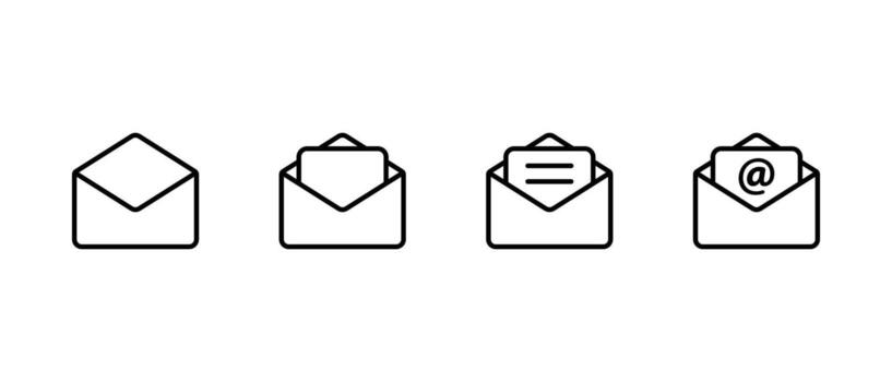 Email envelope line icon collection. Open mail with letter and mention symbol for message vector
