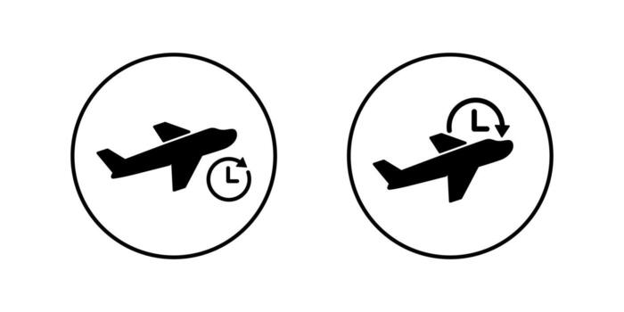 Airplane delay icon in circular outline. Flight schedule with clock symbol vector