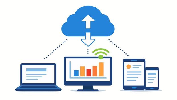 nube informática sistema con datos transferir Entre dispositivos vector