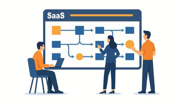 equipo que se discute saas producto mapa vial en digital tablero vector