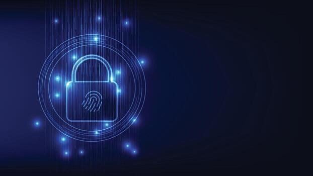 ciber seguridad y privado datos proteccion. digital candado con huella dactilar en Hola tecnología circulo y azul antecedentes vector