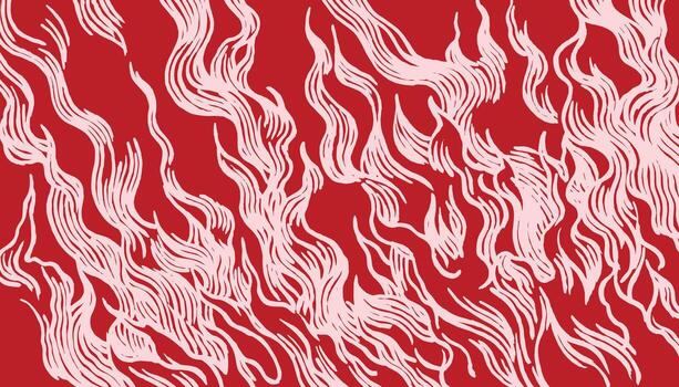 Hand drawn fire pattern with flowing brush lines on bold red background, evoking warmth, energy, and movement in an expressive minimal abstract style. vector