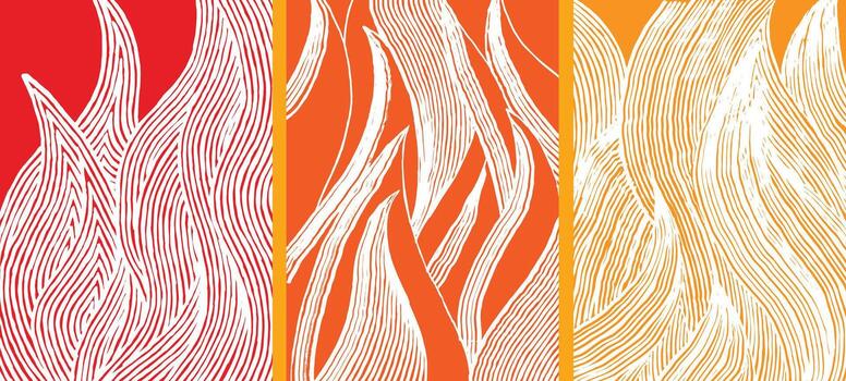 un dinámica conjunto de mano dibujado fuego patrones con fluido cepillo líneas en rojo, naranja, y oro tonos, expresando calor, energía, y natural movimiento en resumen forma. vector