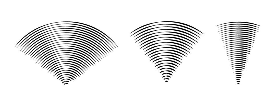 Linear sound wave signal set. Radial radio and music audio icon collection. Rippled radar vibration element sign bundle. Black curved impulse lines pack. Echo soundwave symbols. vector